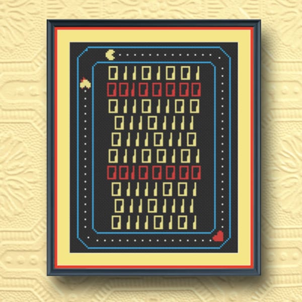 Cross stitch pattern for computer nerd, tech, pac man, 1980's valentine's day cross stitch pattern for gamer