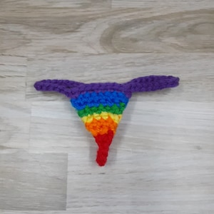 May include: A rainbow crochet undergarment with purple straps.