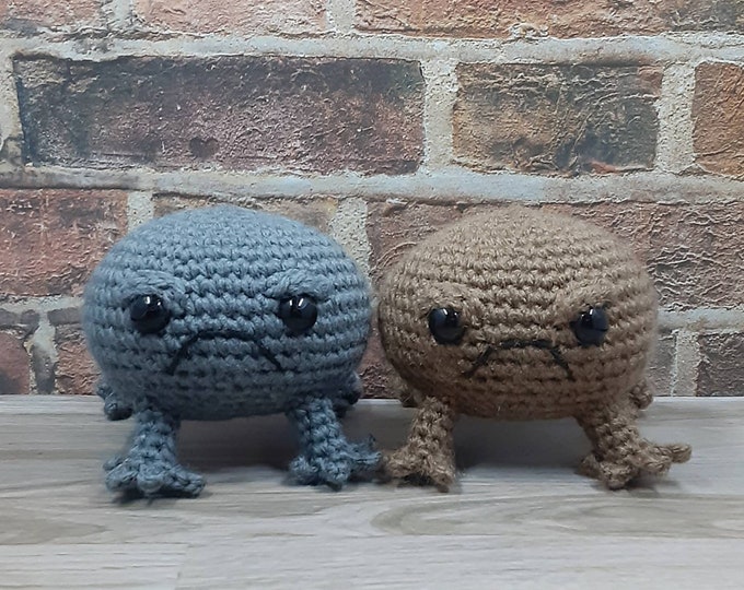 Featured listing image: Angry Black and Desert Rain Frogs Crochet Made to Order Stuffed Amigurumi Plushie With Squeaker