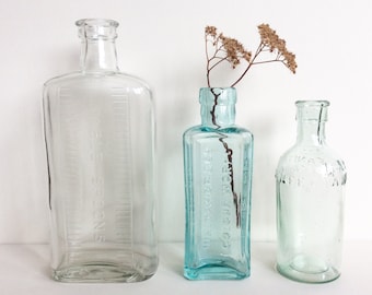 Vintage Bottles - Aqua Glass Bottles, Antique Bottles, Old Bottles, Apothecary Bottles, Victorian Bottles, Edwardian Bottles, Bottles