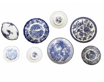 Complete Vintage Plate Wall - Mismatched Plates, Plate Wall, Vintage Plate Wall, Blue & White Plate Wall, Cottage Core Plate Display Wall.