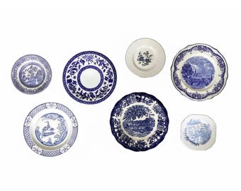 Complete Vintage Plate Wall - Mismatched Plates, Plate Wall, Vintage Plate Wall, Blue & White Plate Wall, Cottage Core Plate Display Wall.
