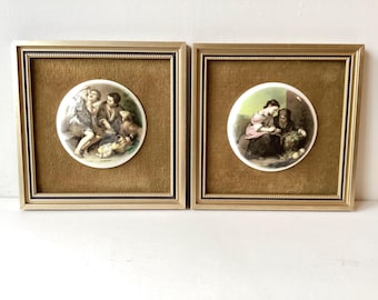 Vintage Crown Staffordshire Framed Ceramic Plaques - Framed Porcelain Plaques, China Plaques, Pot Lids, Staffordshire Plaques, Vintage Frame