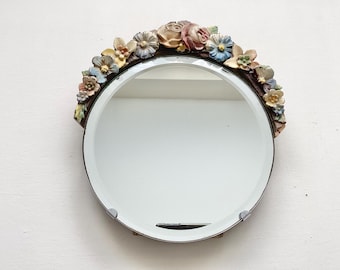 Vintage / Antique Barbola Round Mirror on Stand - Bevelled Edge Round Vanity Mirror, Barbola Mirror, Cottage Core Vintage Mirror.