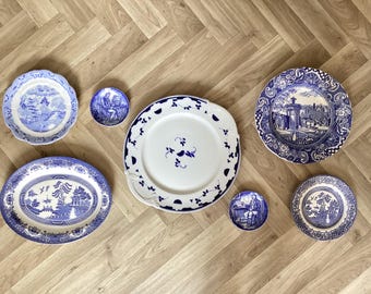 Vintage Plate Wall - Mismatched Plates, Plate Wall Display, Vintage Plate Wall, Blue & White Plate Wall, Cottage Core Plate Wall Display.