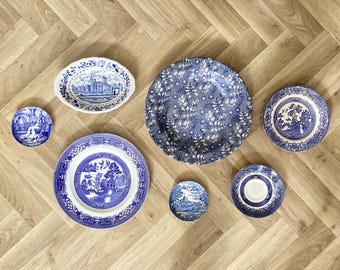 Vintage Plate Wall - Mismatched Plates, Plate Wall Display, Vintage Plate Wall, Blue & White Plate Wall, Cottage Core Plate Display Wall.