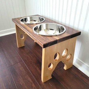 Elevated Dog Bowls Puppy Paw Design with Two Large Stainless Steel Bowls - Dog Bowl Stand made from Solid Wood