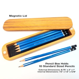 Teak pencil case with lid open - Magnetic lid and holds 10 standard sized pencils