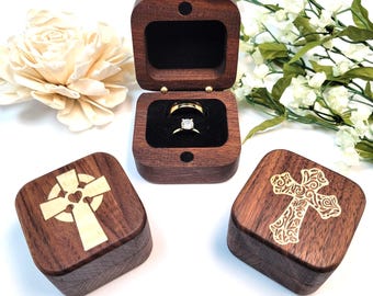 Handcrafted Walnut Ring Box with Cross Designs: Wooden Jewelry Engagement Ring Box Made From Solid Walnut with Maple Inlay