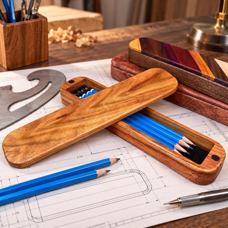 Handcrafted Wood Pencil Case - Ideal Gift for Artists and Architects, Wooden Drawing Tool Holder - Customization available image 1