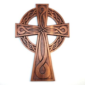 Solid Wood Cross with Celtic Design - Carved Solid Walnut Teak Oak Wood Wall Cross with Hanger
