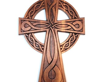 Solid Wood Cross with Celtic Design - Carved Solid Walnut Teak Oak Wood Wall Cross with Hanger