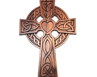 Solid Wood Carved Cross with Celtic Weave Heart Design - Carved from Solid Walnut or Teak Wood
