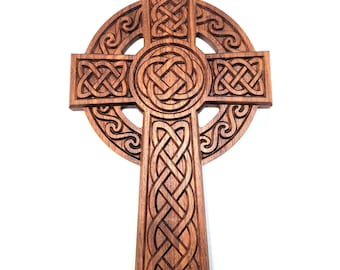 Carved Wood Cross with Celtic Weave and Wave Design - Large Hanging Cross Carved from Solid Walnut
