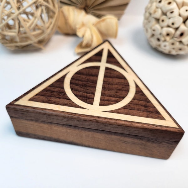 Deathly Hallows Keepsake Box - Wooden Jewelry Box Made From Solid Walnut With Maple Inlay