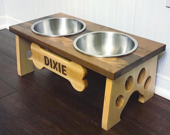Elevated Dog Bowls Puppy Paw Design with Two Large Stainless Steel Bowls - Pet Feeding Stand made from Solid Wood