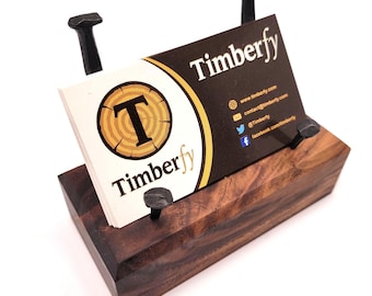 Rustic Walnut Business Card Holder - Antique Nail Design Card Holder for Your Desk