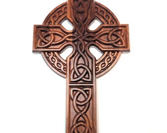 Carved Wood Cross with Celtic Weave Design - Large Hanging Cross Carved from Solid Walnut or Teak Wood