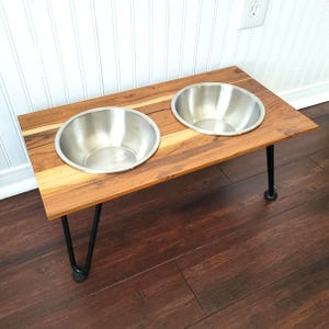 Elevated Dog Bowls with Hair Pin Legs and Two Large Stainless Steel Bowls - Wood Dog Bowl Stand made from Teak, Oak, or Walnut