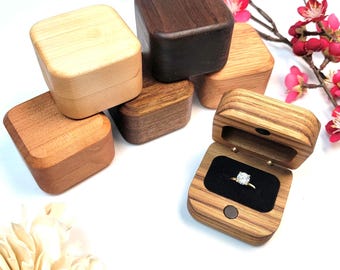 Solid Wood Ring Box - Handcrafted Wooden Jewelry Engagement Ring Box Made From Teak, Maple, Walnut, Cherry, Mahogany, or Oak