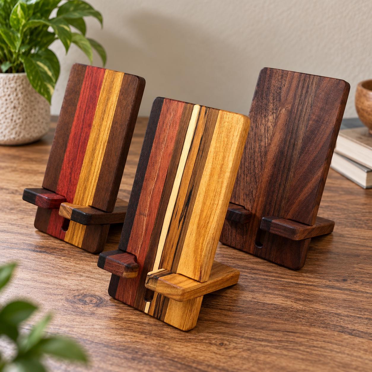Hand Crafted Solid Wood Cell Phone Stand: Two part phone holder made from walnut, maple, or cherry wood.