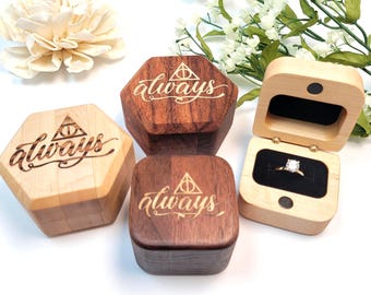 Handcrafted Always Ring Box: Wooden Jewelry Engagement Ring Box Made From Solid Walnut and Maple With Wood Inlay, Not Imported