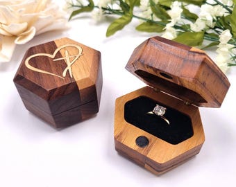 Handcrafted Walnut Ring Box with Heart and Cross Design - Hex Shaped Wooden Jewelry Engagement Ring Box Made From Solid Walnut - Maple Inlay