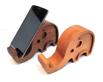Solid Walnut Elephant Phone Stand, Cute Wooden Holder for Desk, Office Gift