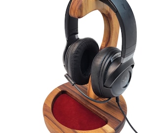 Handcrafted Headphone Stand With Tray Made From Solid Teak Wood: Gaming Headset Holder Gift for Gamer or Audiophile