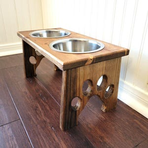 Elevated Dog Bowls Puppy Paw Design with Two Large Stainless Steel Bowls - Dog Bowl Stand made from Solid Wood