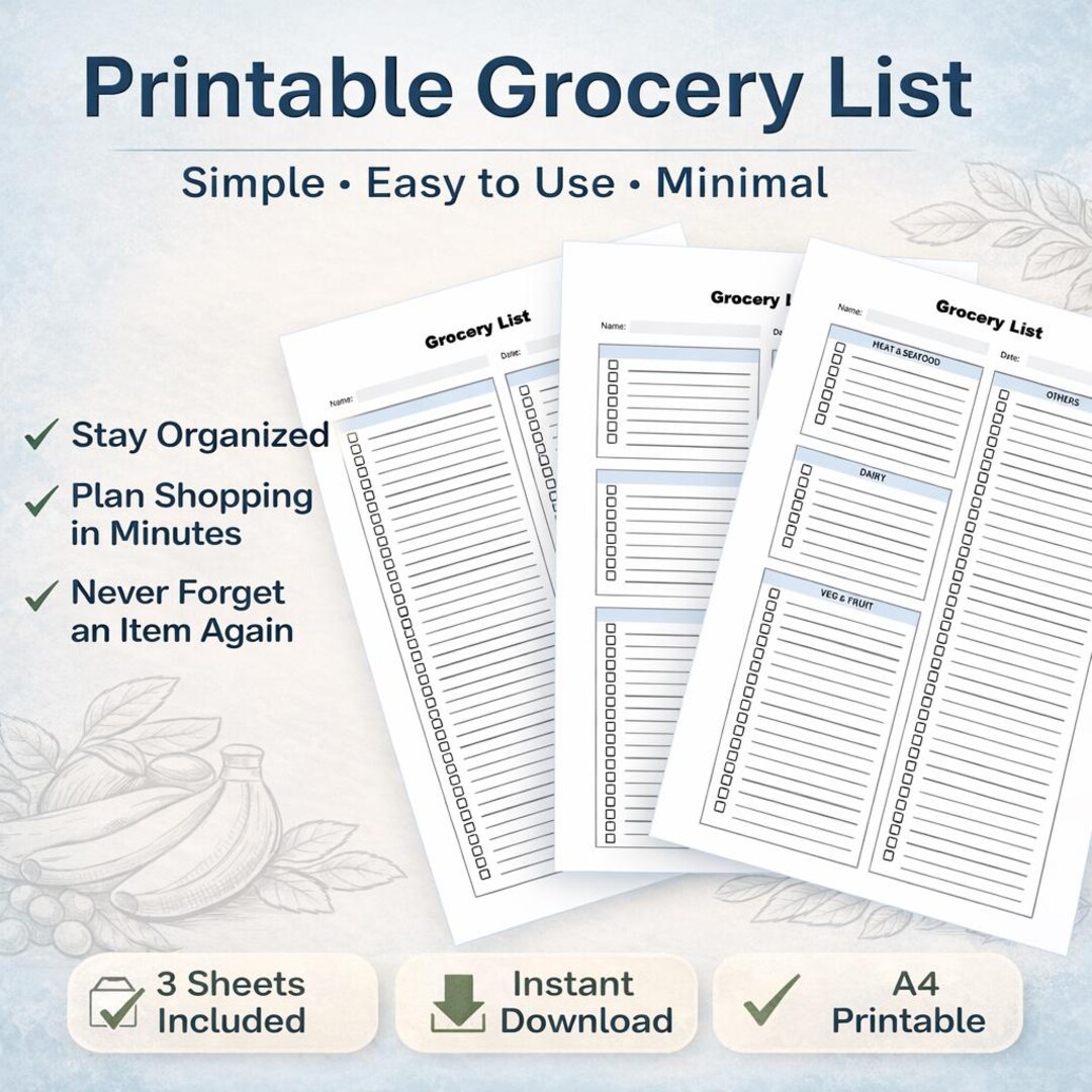 Minimalist Grocery List Printable A4 | Weekly Meal Prep Planner | Clean ...