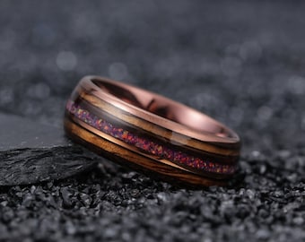 Ring | Tungsten + Koa Wood & Crushed Fire Opal Unisex Ring