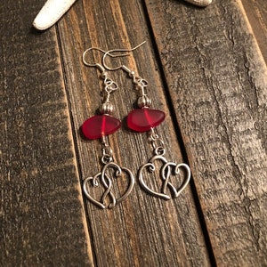 Red Sea Glass Earrings, Cascade Bead Drop Red Glass Earrings, Boho surfer Hawaiian Jewelry Tibetan Silver Heart Earrings, Valentine Earrings