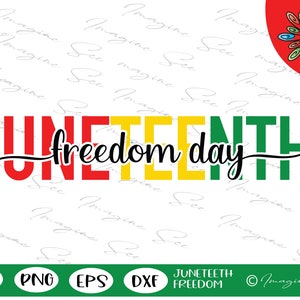 以下が含まれることがあります： 赤、黄、緑の文字で「Juneteenth freedom day」というテキストが書かれたデジタルデザイン。テキストは太字で、ブロック体です。このデザインは、Tシャツ、マグカップ、トートバッグ、その他の商品に使用できます。