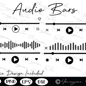 May include: Black and white digital audio bar design with the text "Audio Bars" and "Freebie Design Included". The design includes a play button, rewind button, fast forward button, and a volume control.