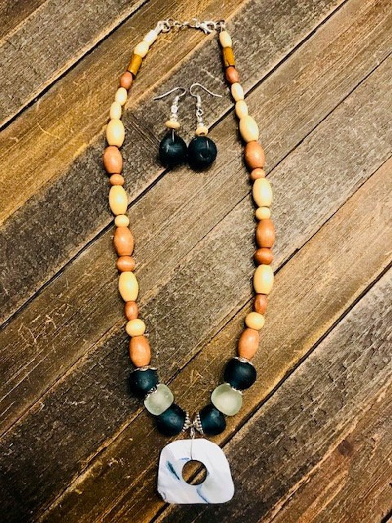 Women Glass Earrings Boho Surfer Recycled Glass Jewelry Sea Glass Necklace Shell necklace Statement Necklace Long Set Women