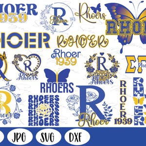 May include: A collection of 12 digital cut files featuring the text "RHOER" in various styles and colours, including blue, gold, and white. The designs include a heart, a butterfly, a wreath, and a monogram. The text "1939" appears in several of the designs. The files are available in PNG, JPG, SVG, and DXF formats.