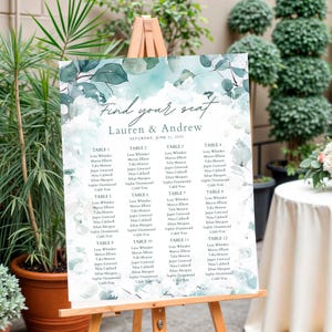 Plantilla de plano de asientos para boda con flores verdes / Invitación minimalista / Plantilla editable con hojas / Plano de asientos minimalista para boda