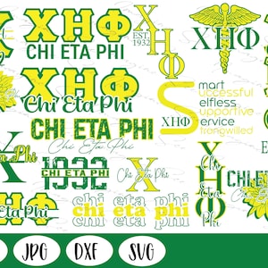 Può includere: Un foglio di design digitale con vari design grafici delle lettere greche Chi, Eta e Phi in verde e giallo. I design includono le parole "Chi Eta Phi" e "Est. 1932".