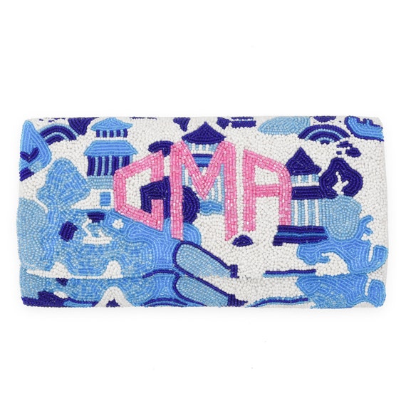 beaded monogram clutch