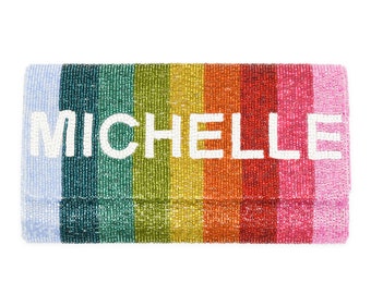 Half Barrel Beaded Monogram Clutch – Metallic Rainbow Stripe
