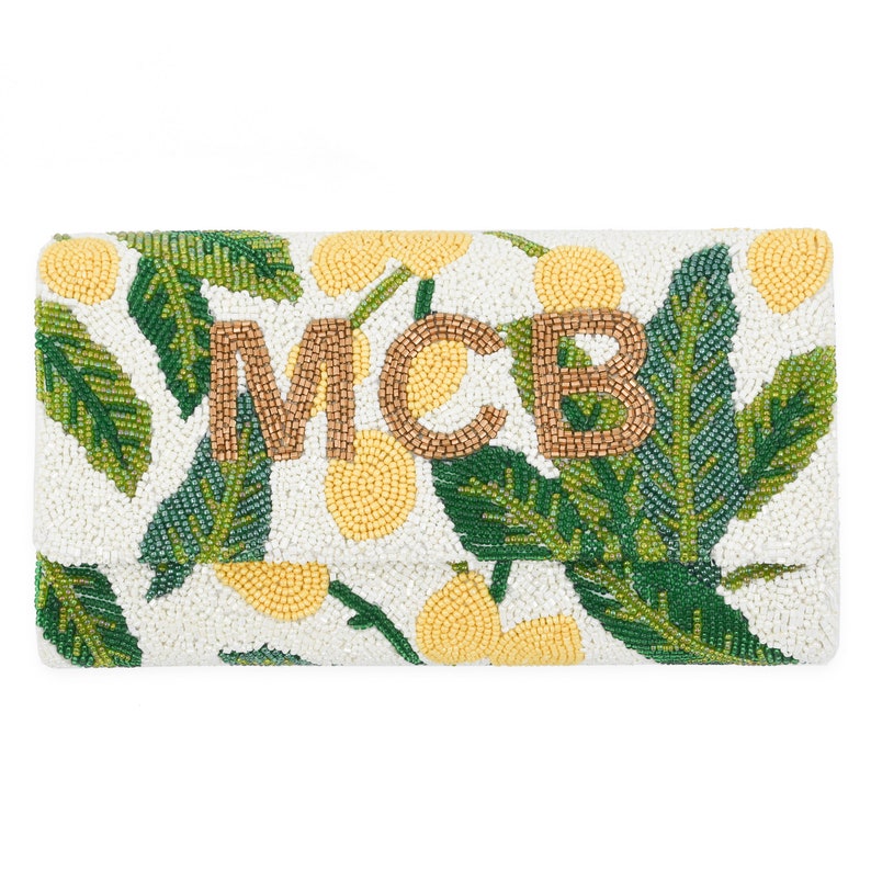 beaded monogram clutch