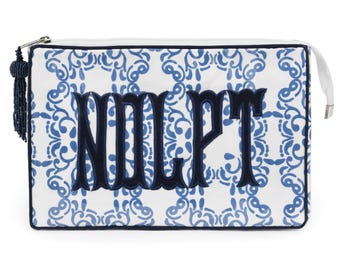 Block Print Monogram Travel Case - Indigo on Blue