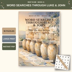 Op de afbeelding: Een boekomslag met de titel REST IN ME BOOK 21 WORD SEARCHES THROUGH LUKE & JOHN That You May Believe LARGE PRINT EDITION. De illustratie toont zes beige keramische kruiken opgesteld tegen een stenen muur met olijftakken en een woordzoeker.