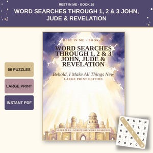 Op de afbeelding: Een boekomslag getiteld Word Searches Through 1, 2 & 3 John, Jude & Revelation, met een aquarelillustratie van een stad onder een heldere lucht. De tekst luidt Behold, I Make All Things New en Large Print Edition.