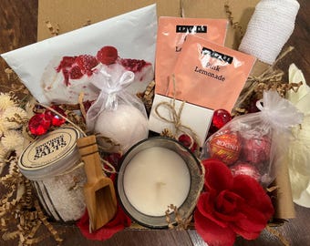 Valentine's Day Spa Gift Box: Rose Bath Bomb, Candle & Chocolates