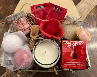 Spa Gift Box, Rose Peony Bath Set, Candle, Chocolate Truffles