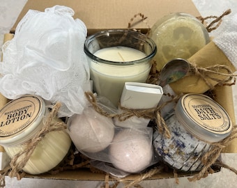 Natural Spa Gift Box, Coconut Soap, Cocoa Butter Lotion, Bath Bombs
