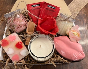 Spa Gift Box: Rose Bath Salt, Candle & Heart Soap Gift Set