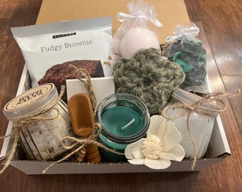 Handmade Spa Gift Box: Crochet Flower, Candle, Lotion & Brownie Mix